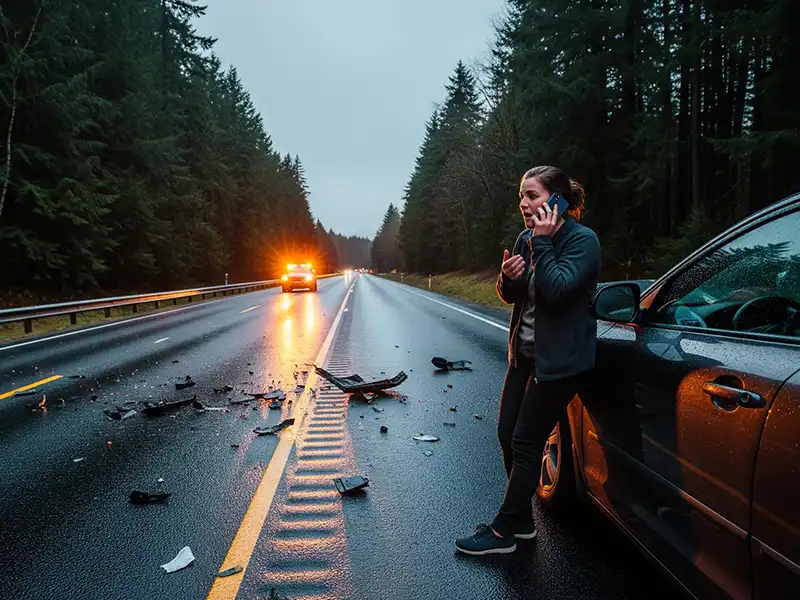 calling-911-after-car-crash A driver calling 911 after a collision on a Washington road