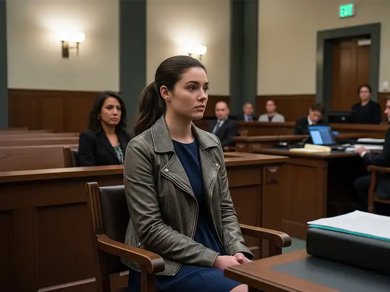 criminal-court-olympia-wa A woman in a courtroom scene in Olympia, WA, representing criminal defense services by Morgan Hill P.C.