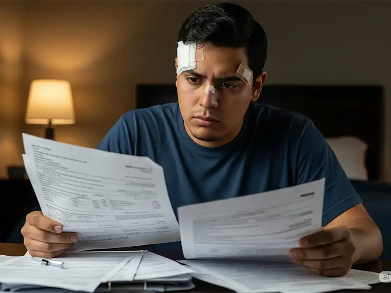 dui-victim-medical-expenses-damages Injured person reviewing medical bills and paperwork after DUI crash