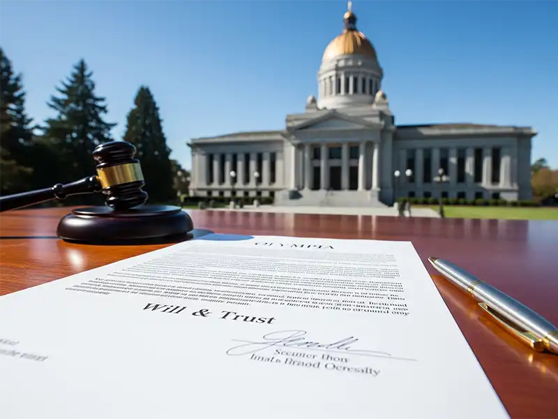 estate-planning-documents-olympia Signed will and trust documents on a desk with a gavel, representing estate planning services in Olympia, WA by Morgan Hill P.C.