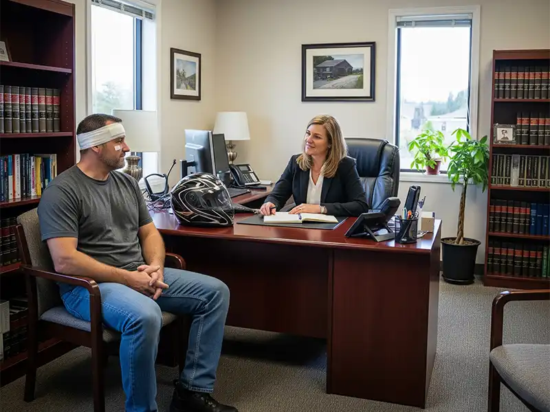 free-motorcycle-accident-case-review Motorcycle accident victim receiving free consultation at Morgan Hill PC in Olympia