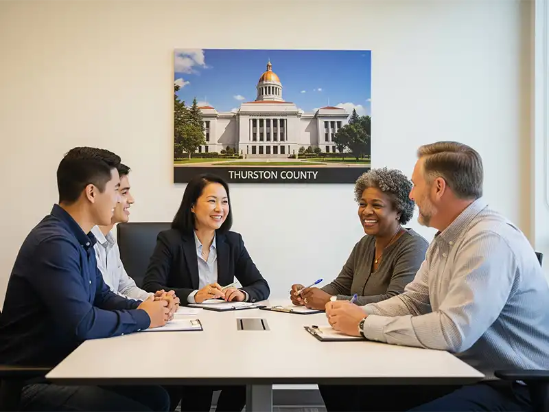 group-of-people-in-mediation-in-olympia-wa Group in mediated discussion for family or business disputes at Morgan Hill P.C. in<br />
Olympia, WA.