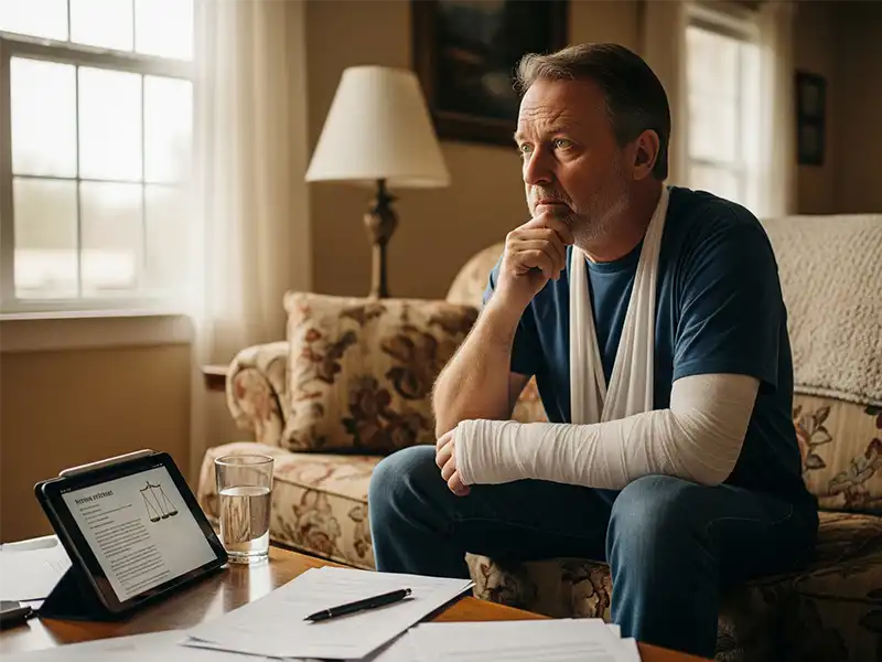injury-victim-considering-legal-help-from-Morgan-Hill-PC An injured person at home weighing the decision to hire a lawyer with Morgan Hill PC after an accident