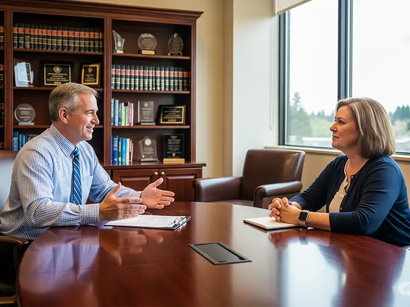 injury-victim-meeting-with-attorney Personal injury attorney in Olympia, WA, discussing legal options with a client in an office setting