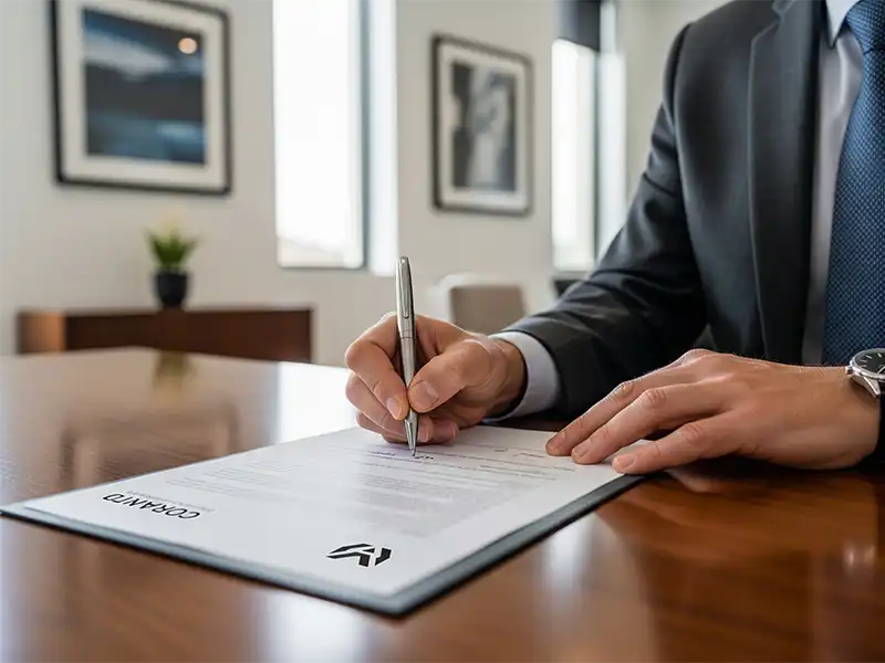 Business owner signing legal documents at Morgan Hill P.C. in Olympia, WA.