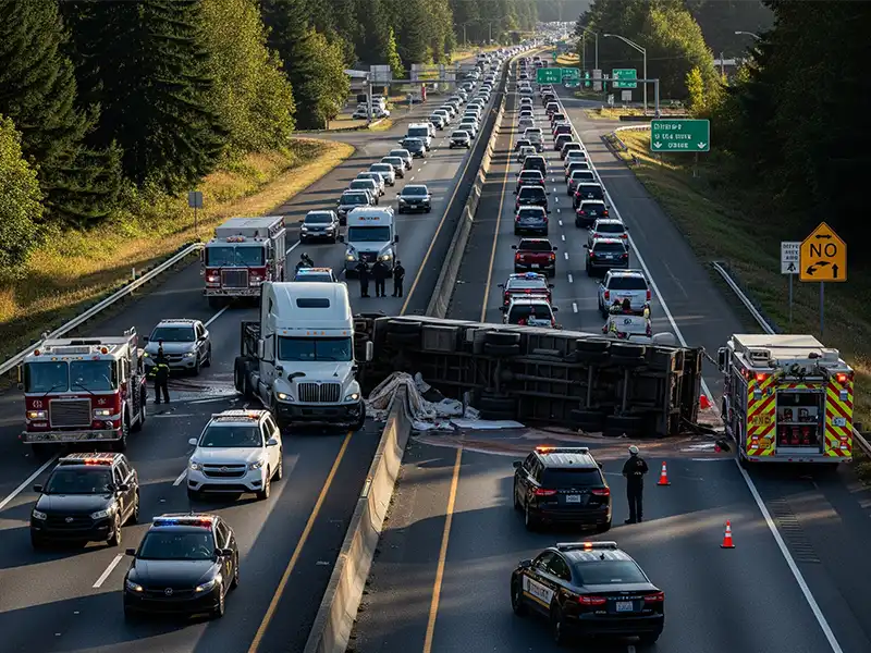 truck-driver-fatigue-crash Overturned semi-truck on I-5 in Olympia due to driver fatigue